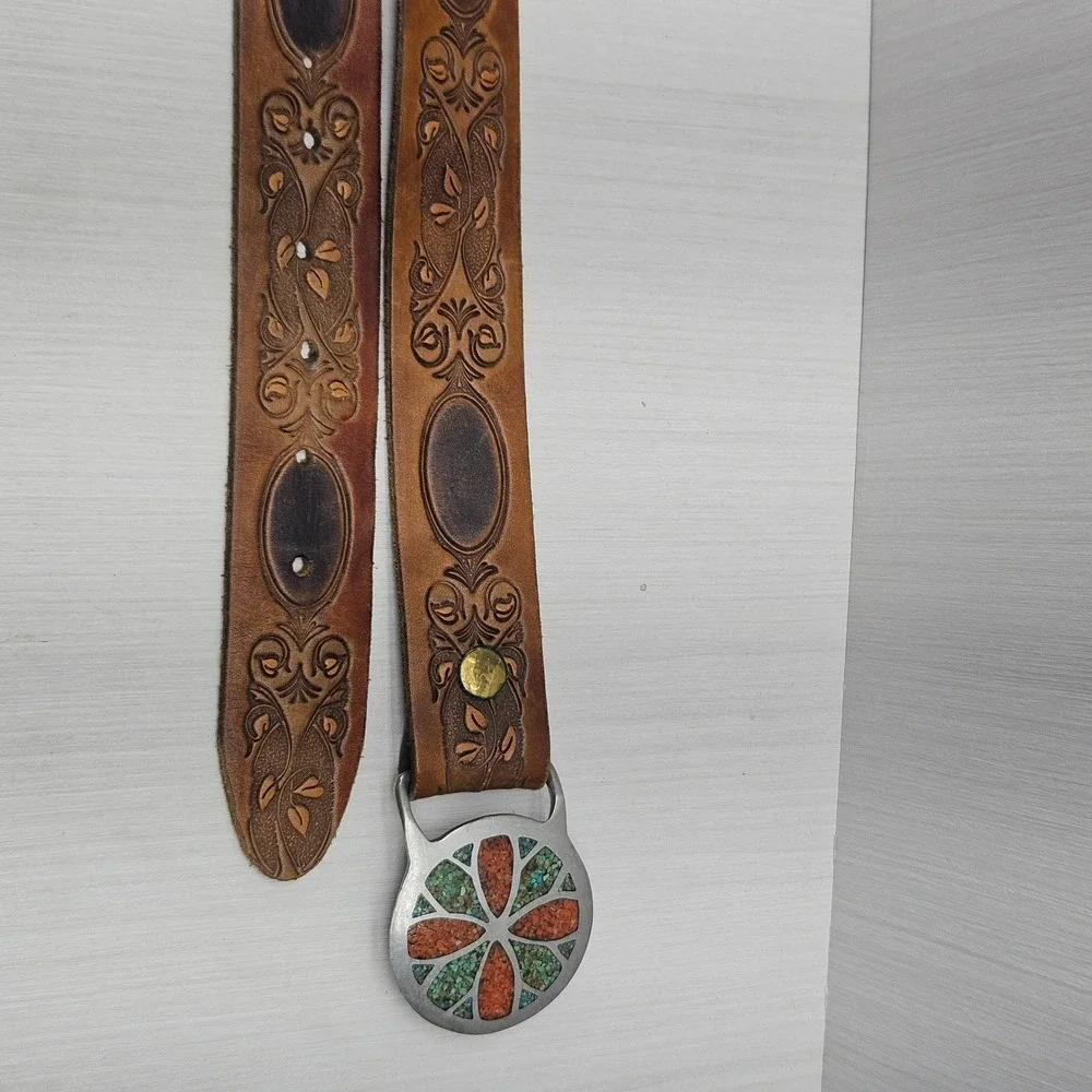 Indiana Metal Craft R J RobertsRainbow Jewelry Turquoise Inlay Buckle 1970s